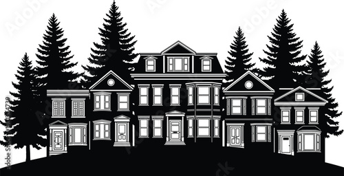 Victorian house silhouettes, detailed architecture illustration, bay windows gabled roofs, evergreen tree backdrop, suburban neighborhood artwork, historical design, flat vector illustration