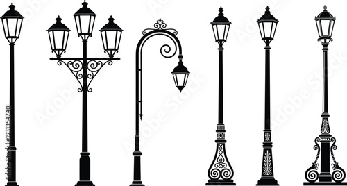 Vintage street lamps silhouettes, ornate lantern posts, decorative urban lighting, classic lamp designs, historical architecture elements, outdoor city lights, retro style, flat vector illustration