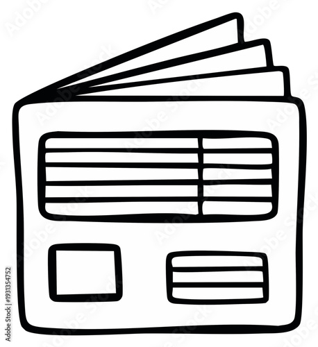 Open newspaper with headlines and images in a stylized line drawing graphic icon