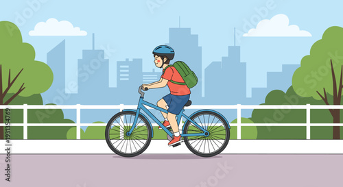 Young boy wearing a blue helmet and green backpack riding his bicycle along a city park path with tall buildings in the distant urban skyline.