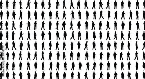 Walking silhouettes, human gait icons, motion posture figures, crowd movement artwork, pedestrian activity design elements - flat vector illustration