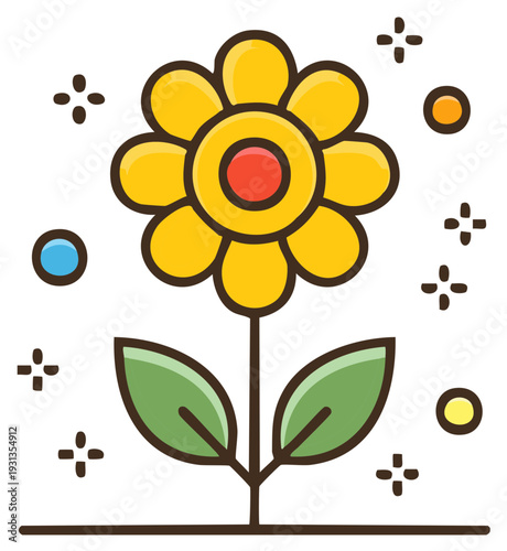Bright yellow stylized flower icon with green leaves a red center and sparkle details