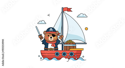 Cute teddy bear dressed as a pirate with an eye patch and hat sailing a small red boat with a white sail on blue waves under a bright sun.