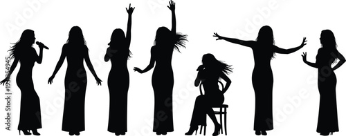 Woman silhouette poses collection, singing performance, expressive gestures, elegant dress fashion, artistic movement,