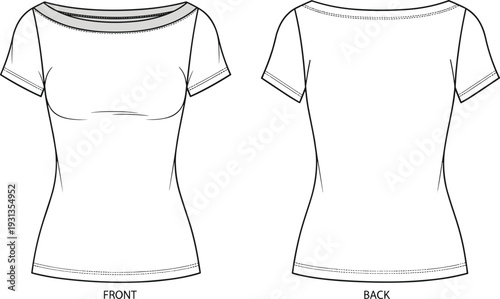 Women’s fitted t-shirt fashion technical drawing, short sleeve garment icons, apparel construction figures, clothing design elements - flat vector illustration