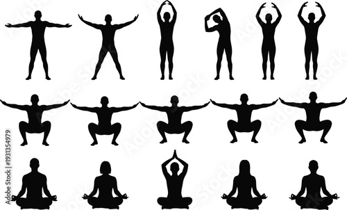 Yoga silhouettes, stretching meditation icons, standing squatting seated figures, fitness wellness artwork, exercise posture design elements - flat vector illustration