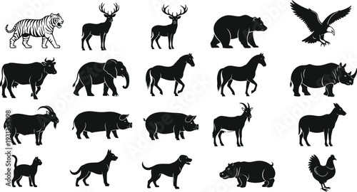 Animal silhouettes, tiger deer bear eagle icons, cow elephant horse rhino figures, cat dog pig chicken artwork - flat vector illustration