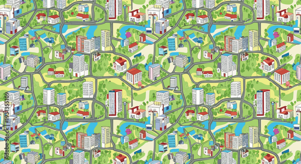 Fototapeta premium Detailed seamless pattern showing a colorful city map with winding roads various buildings green parks and blue rivers for urban planning.