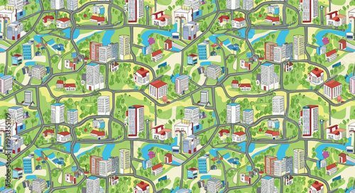 Detailed seamless pattern showing a colorful city map with winding roads various buildings green parks and blue rivers for urban planning.