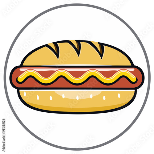 Cartoon Hot Dog in a Bun with Mustard Topping inside a Circle Frame, Design Element