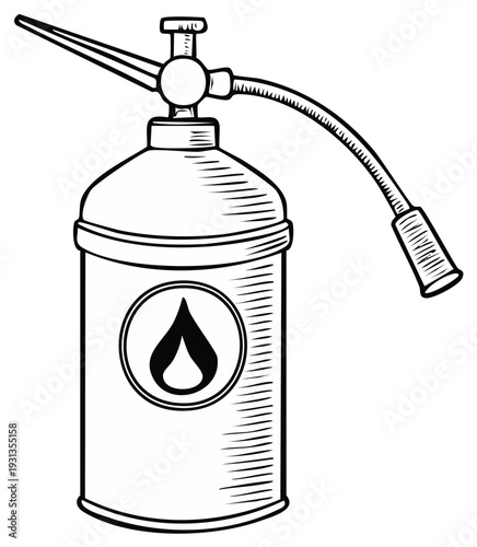 Vintage oil can with a curved spout and flame symbol on a white background