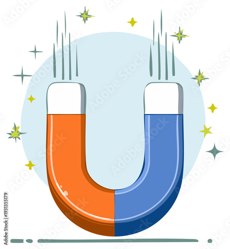 Illustration of a horseshoe magnet with orange and blue colors with sparkles
