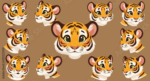 Set of 11 Cute Cartoon Tiger Cub Head Vector Illustrations