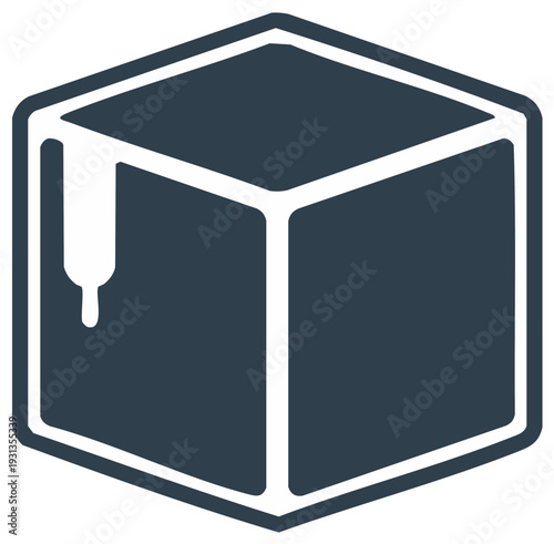 Dark blue stylized isometric cube graphic with a prominent melting drip effect.