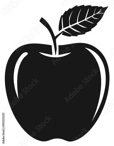 Black Silhouette of a Ripe Apple with a Leaf and Stem