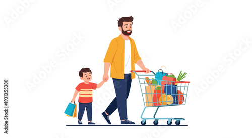 Happy father and his young son walking together while pushing a shopping cart full of groceries and carrying bags after visiting the store.