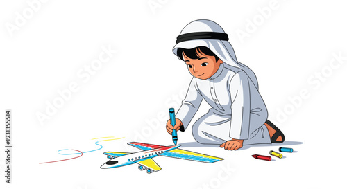 Young boy wearing traditional Arab thawb and ghutra kneeling on the floor and coloring a toy airplane with blue crayons.