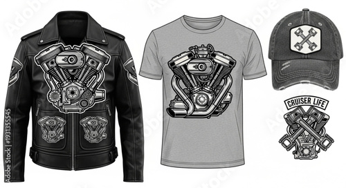 Motorcycle Biker Gear Collection With Engine Skull Graphic.