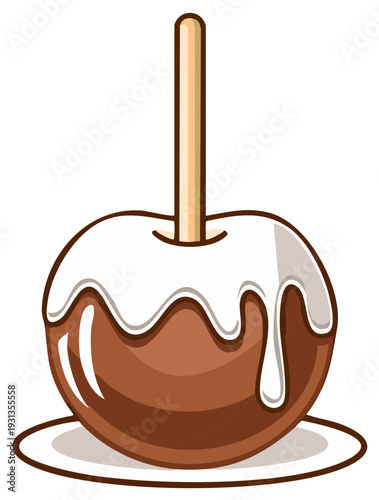 Sweet caramel apple with chocolate coating and white glaze delicious dessert illustration