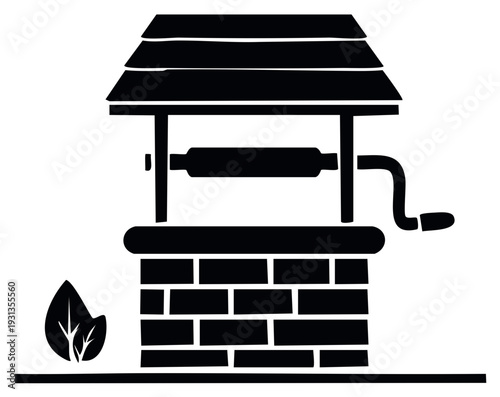 Rural Water Well with Pulley and Leaf Illustration in Black and White Simple design for village or farmhouse design with a well.