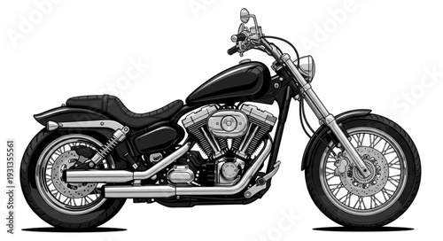 Classic Black Cruiser Motorcycle Side View Studio Shot.