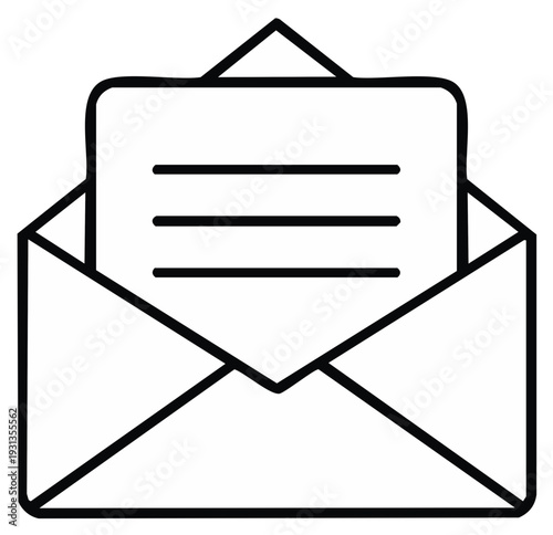 Open envelope icon with a letter and three lines, vector illustration, communication