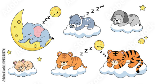 Set of cute baby animals including elephant, tiger, and puppy sleeping peacefully on soft clouds and a crescent moon.