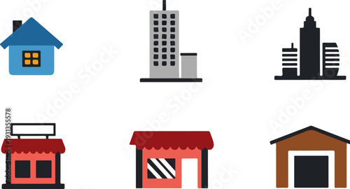 Set of 6 Building Icons Vector