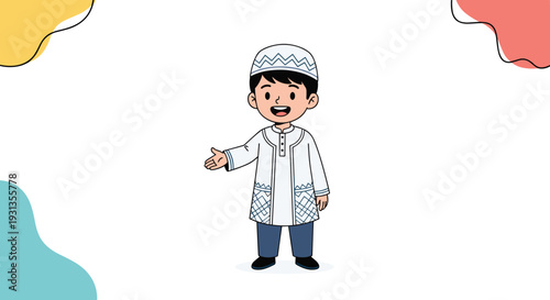 Smiling young boy wearing traditional white Muslim prayer attire including a kufi cap and patterned tunic on white background.