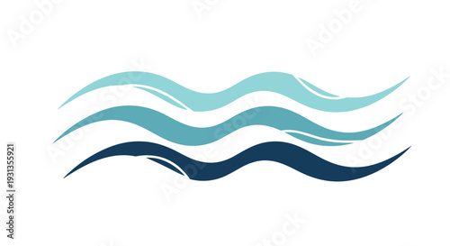 Minimalist abstract illustration of flowing water waves in three shades of blue on a clean white background for design.