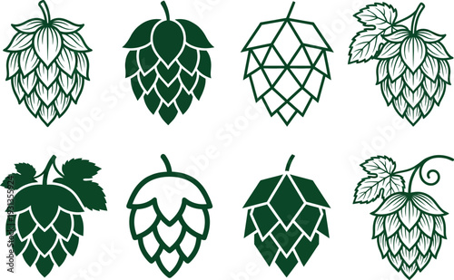 Artisanal Hop Cone Icons Set with Minimalist Hand Drawn and Geometric Beer Brewing Botanical Emblems Green Vector Graphic Collection for Craft Brewery Branding and Organic Label Design