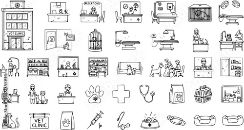 Hand Drawn Vet Clinic Icons Set. Doodle Vector Illustration of Veterinary Hospital, Animal Care, Pet Health Services, Equipment, Doctors, and Supplies.
