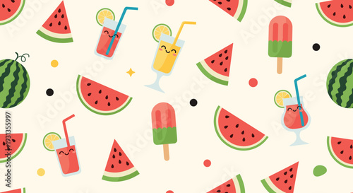 Fun summer pattern featuring smiling watermelon slices, fruit cocktails with straws, and colorful icy popsicles on a cream base.