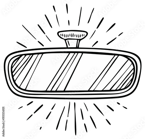 Hand drawn automotive rear view mirror reflecting light rays in a retro doodle style illustration