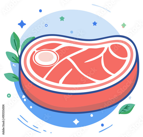 Colorful flat vector illustration of a fresh raw beef steak with bone and herbs