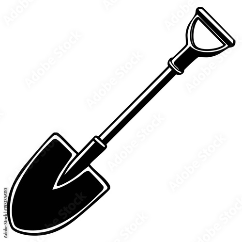 Black and white illustration of a digging shovel with a D-shaped handle and metal blade