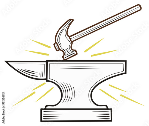 Vector Illustration of a Blacksmith Hammer Striking an Anvil