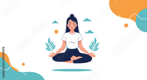 Young woman floating in a meditative lotus position with plants and clouds in a serene abstract minimalist setting.