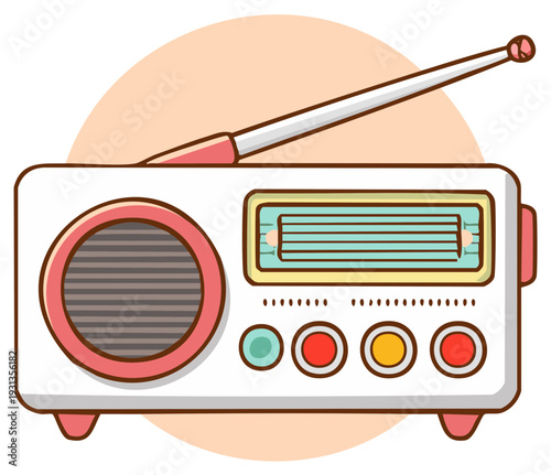 Charming retro style portable radio illustration with antenna, speaker, and colorful control buttons