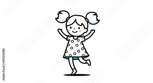 Simple line drawing of a joyful little girl with pigtails wearing a polka dot dress and jumping happily on white background.
