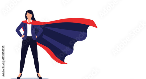 Strong and confident businesswoman dressed as a superhero wearing a red and blue cape standing in a powerful pose.