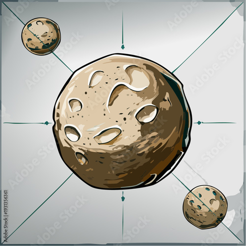 Stylized illustration of a large cratered moon or asteroid with smaller celestial bodies.