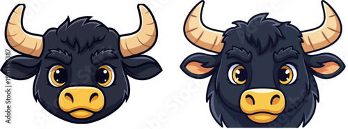 Set of 2 Cute Cartoon Bull Head Vectors