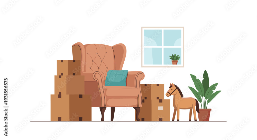 Naklejka premium Stack of cardboard moving boxes next to a cozy pink armchair and a wooden horse toy in a bright room with a window.