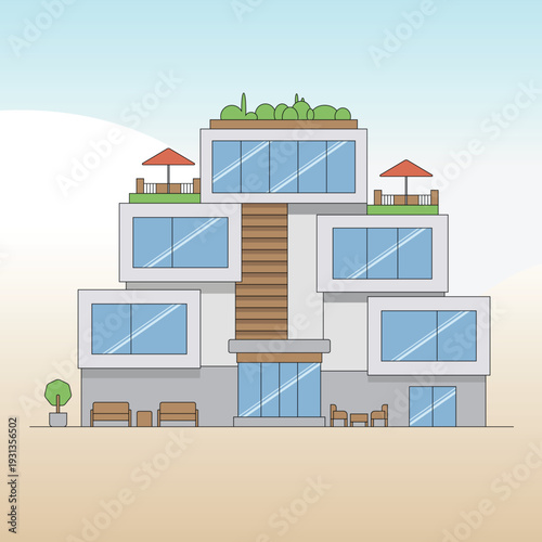 Modern Flat Vector Beachfront Villa with Glass Windows and Rooftop Terrace