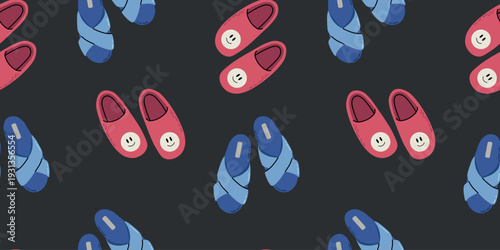 Cute Slippers Seamless Pattern on Dark Background