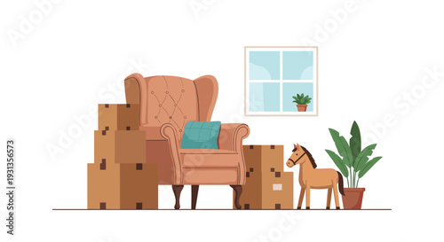 Stack of cardboard moving boxes next to a cozy pink armchair and a wooden horse toy in a bright room with a window.