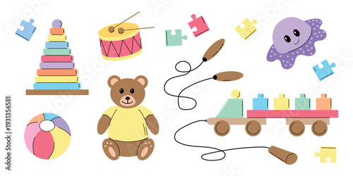 Colorful kids toys collection featuring teddy bear, stacking rings, drum, jump rope, toy train, beach ball, puzzle pieces and cute octopus.