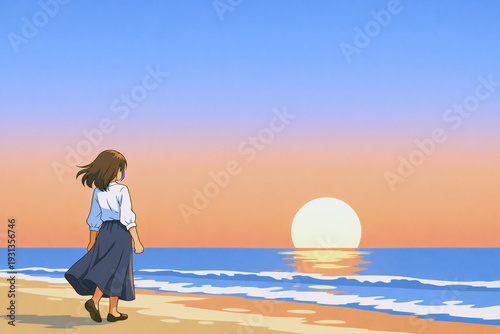 Walking Toward the Rising Sun Minimalist Anime Opening Style Beach Illustration