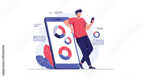 Man leaning against a giant smartphone displaying various pie charts and data analytics representing marketing and business growth.